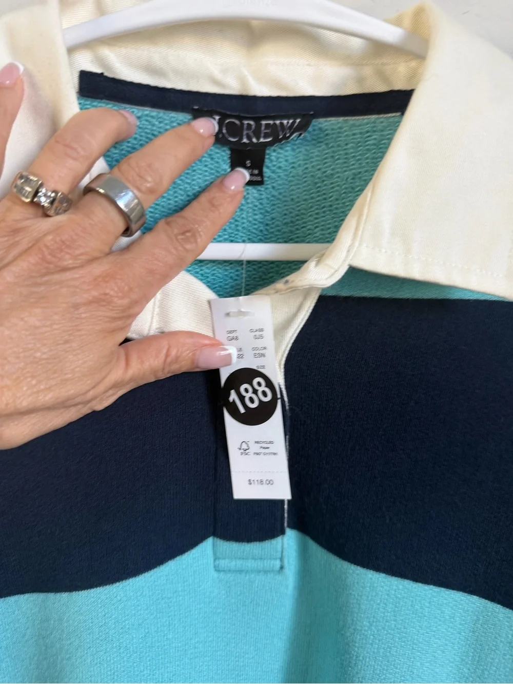 J.Crew NWT Oversized Rugby Shirt Small Aqua Navy Stripe Cotton